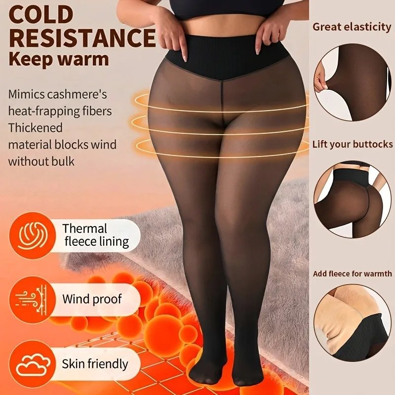 One Seam Fleece Lined Tights Sexy Black Shaping Thermal Leggings Translucent Pantyhose Sheer Fleece Leggings Plus Size - Image 5