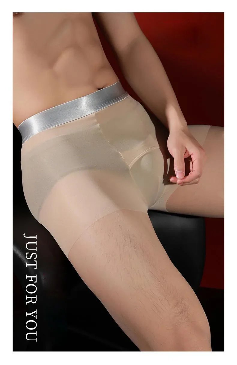 Sexy Men Traceless Silver Waist Pantyhose High Elastic Oil Shiny Sheer Tights Stocking Man U Convex Pouch Shaping Pantyhose