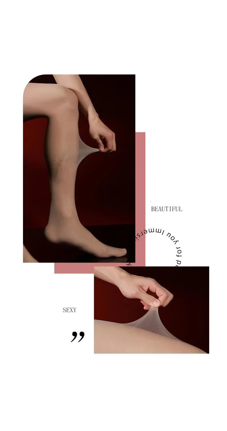 Sexy Men Traceless Silver Waist Pantyhose High Elastic Oil Shiny Sheer Tights Stocking Man U Convex Pouch Shaping Pantyhose
